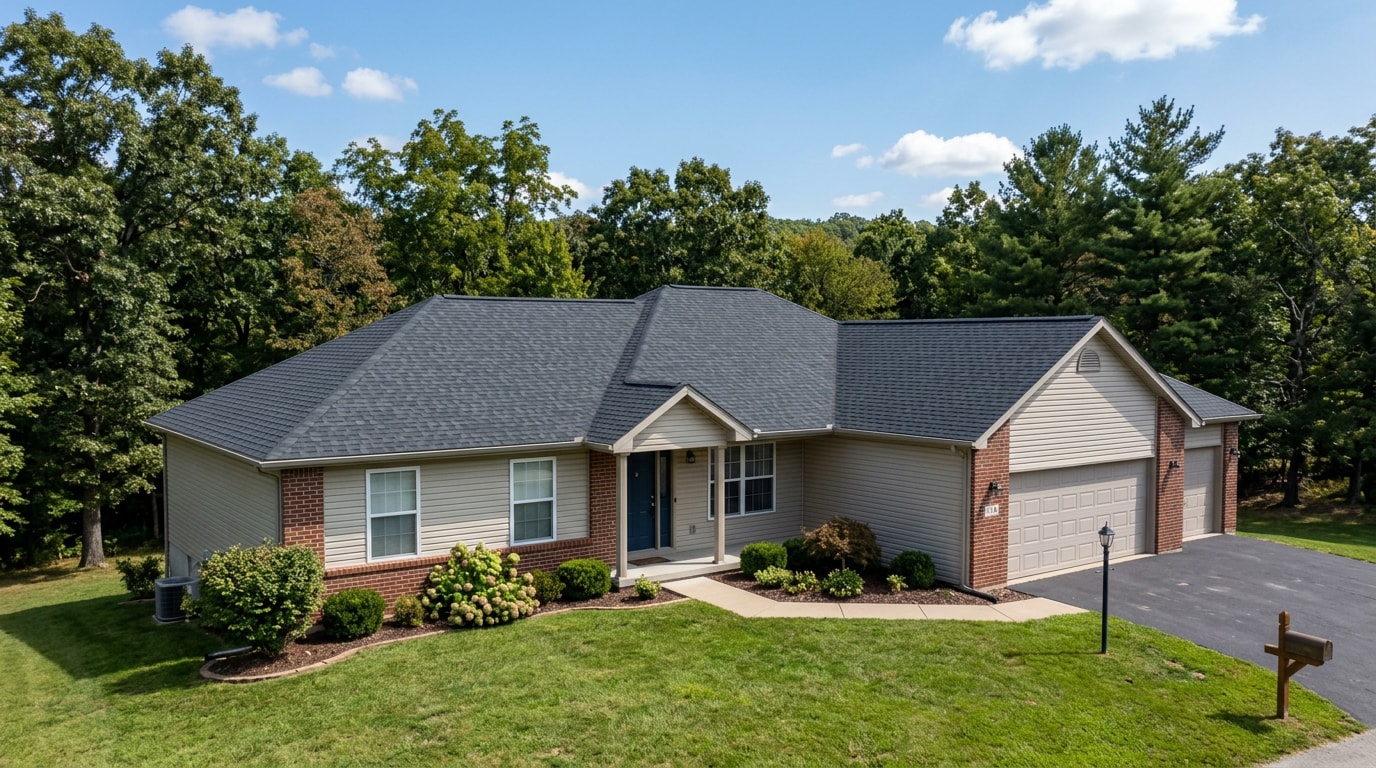 Finished roof replacement on a single-story home in Ozark, MO Finished roof replacement on a single-story home in Ozark, MO